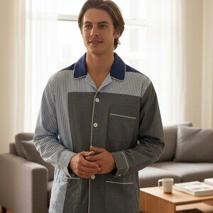 Shaun Samson Colorblock Pajama Style Shirt Blue Gray Cotton Button Front M